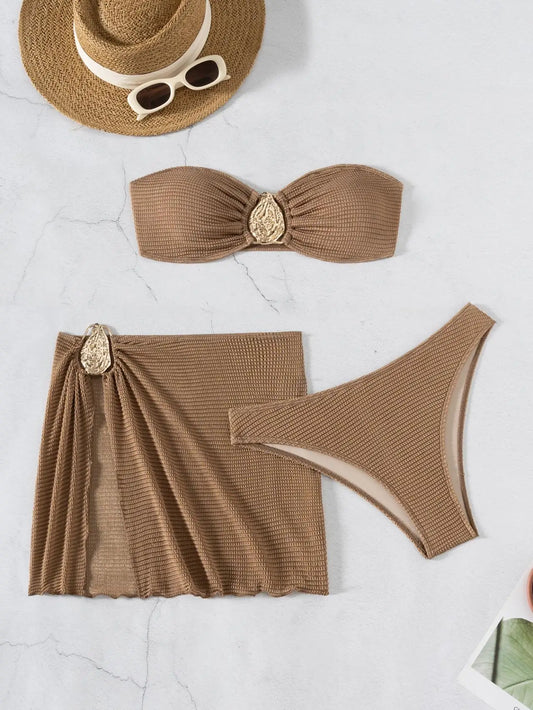 Biquíni Bandeau Sexy para Mulheres com ornamento de gota d'água de metal, blusa com bojo, saia de malha, traje de banho de 3 peças para praia