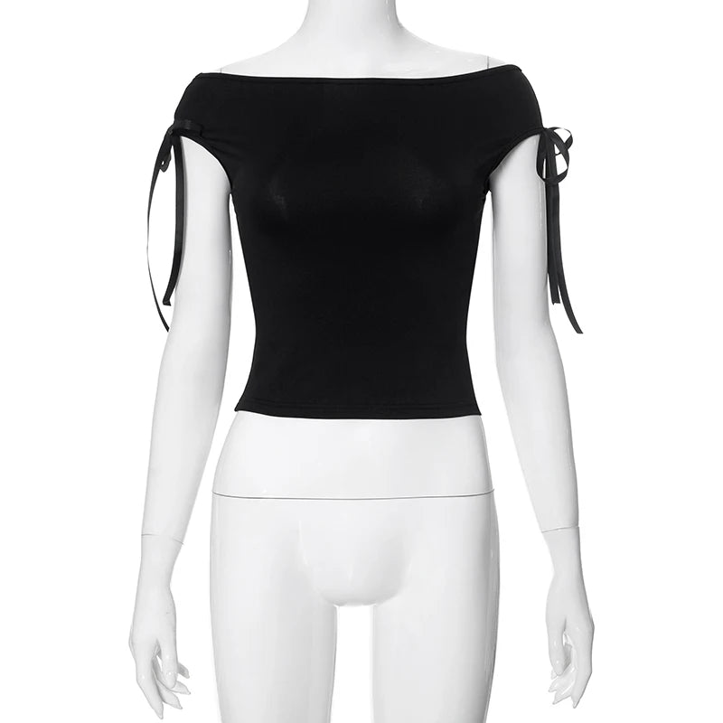 CUTENOVA 2024 Verão Tops Sem Manga Sexy Ombro à Exposição com Cores Sólidas Lace Up T-Shirt Casual Slim Crop Top Preto Manga Curta Feminino