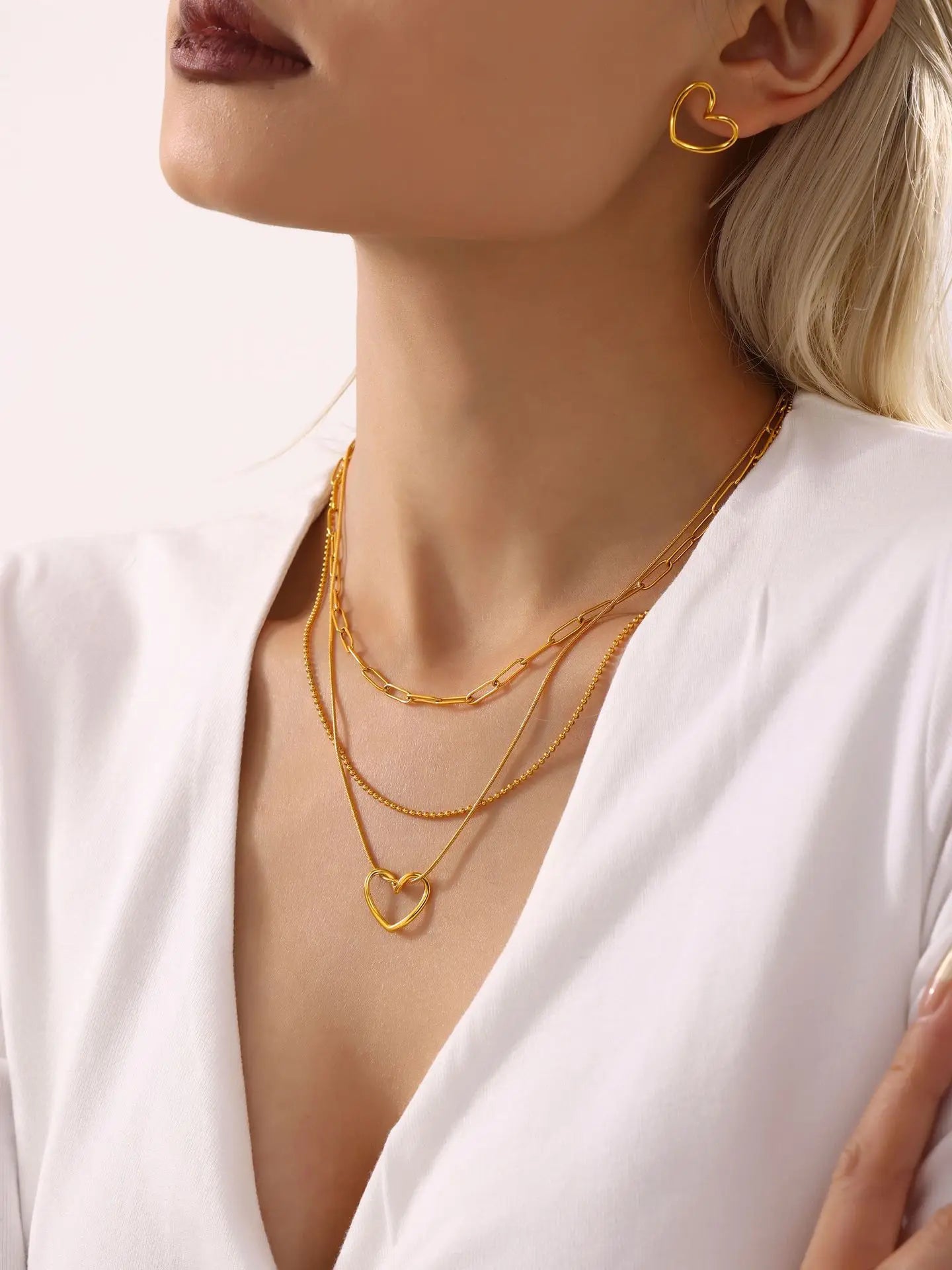 Conjunto de Joias de Luxo com Colar e Brincos de Pingente de Coração Bonito em Aço Inoxidável 316 com Revestimento de Ouro - Joias Impermeáveis para Mulheres, Presente de Joias