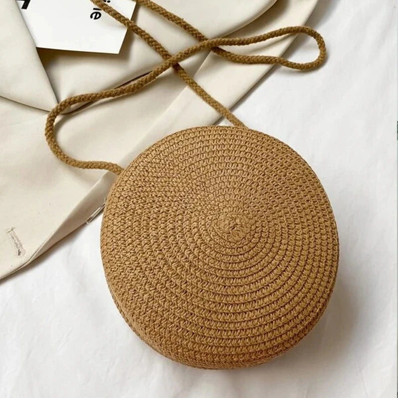 Round Straw Bag Women Woven Beach Crossbody Bag for Ladies Cute Shoulder Rattan Handmade Knitted Candy Color Small Handbag Bolsa