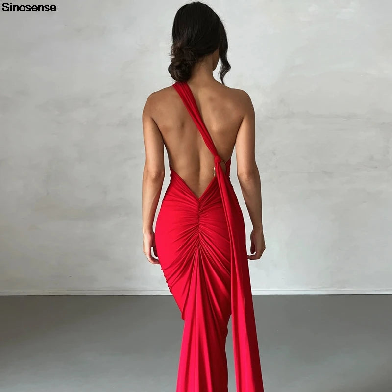 Vestido Longo de Cocktail Elegante Feminino para Festa, Costas Nuas, Abertura Costas, Com Pregas, Justo, Formal para Convidadas de Casamento
