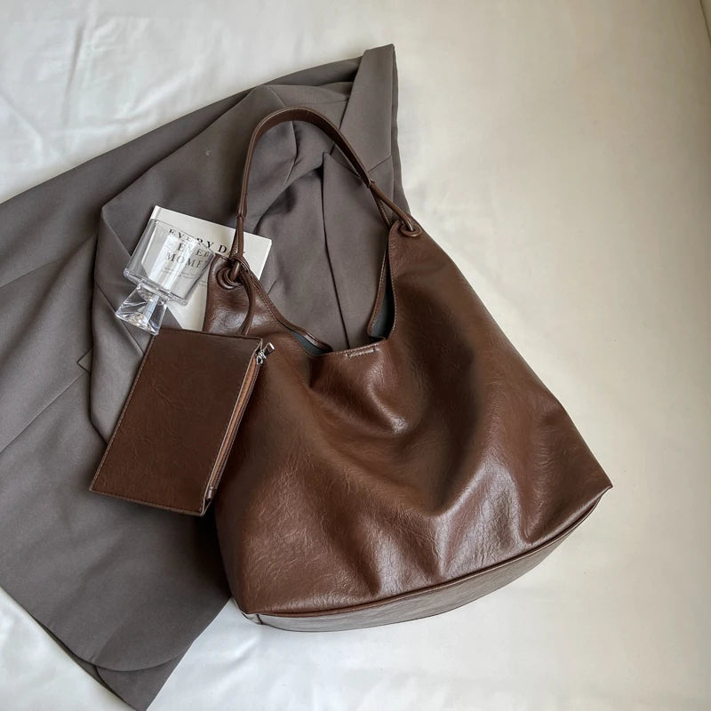 Burgundy 2-IN-1 Shoulder Tote Bags For Women Soft PU Leather Solid Color Large Capacity Shopping Hobo Bag With Coin Purse 2024