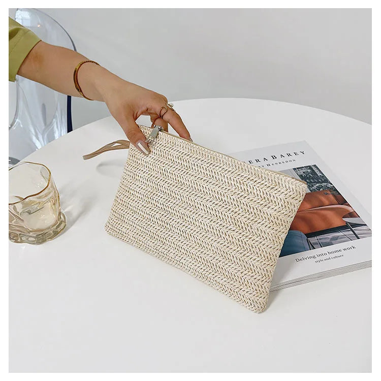 Weaving Bag Fashion Ladies Wristlet Clutch Women Daily Money Phone Clutch Solid Straw Woven Coin Purse Beach Wallet Card Holder