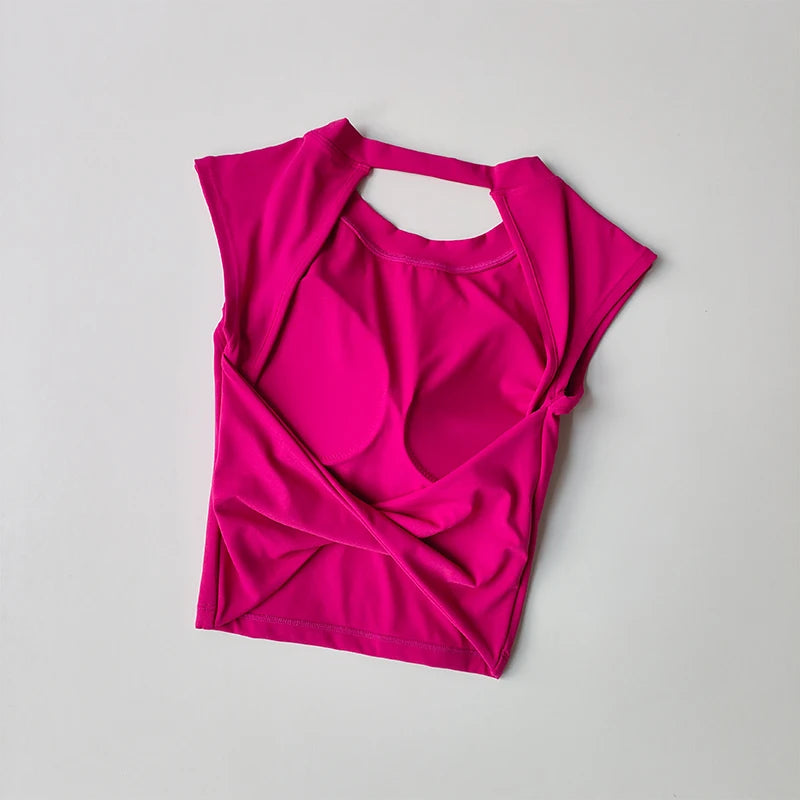 Camiseta esportiva sem costas, com almofada fixa no peito, justa, de secagem rápida, suit de yoga afinado para mulheres.