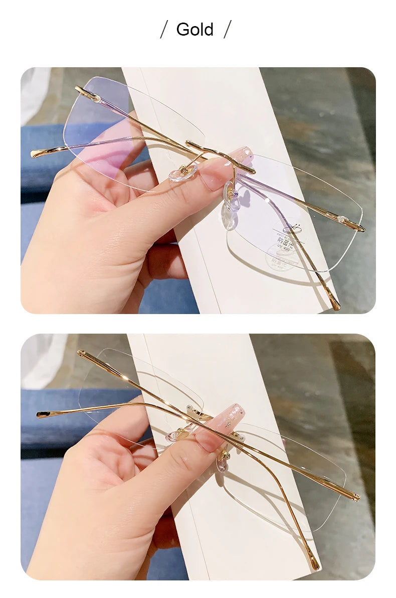 Óculos de leitura sem aro para homens, azul, com proteção contra luz azul, armação de metal, óculos de computador, lentes ópticas CR39 com receita.