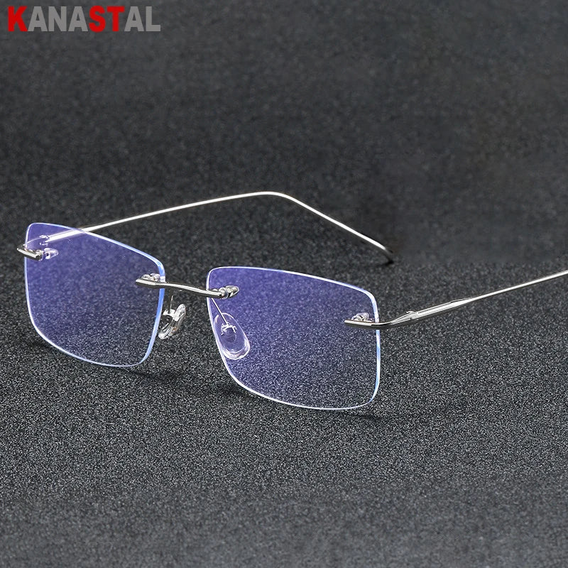 Óculos de leitura sem aro para homens, azul, com proteção contra luz azul, armação de metal, óculos de computador, lentes ópticas CR39 com receita.