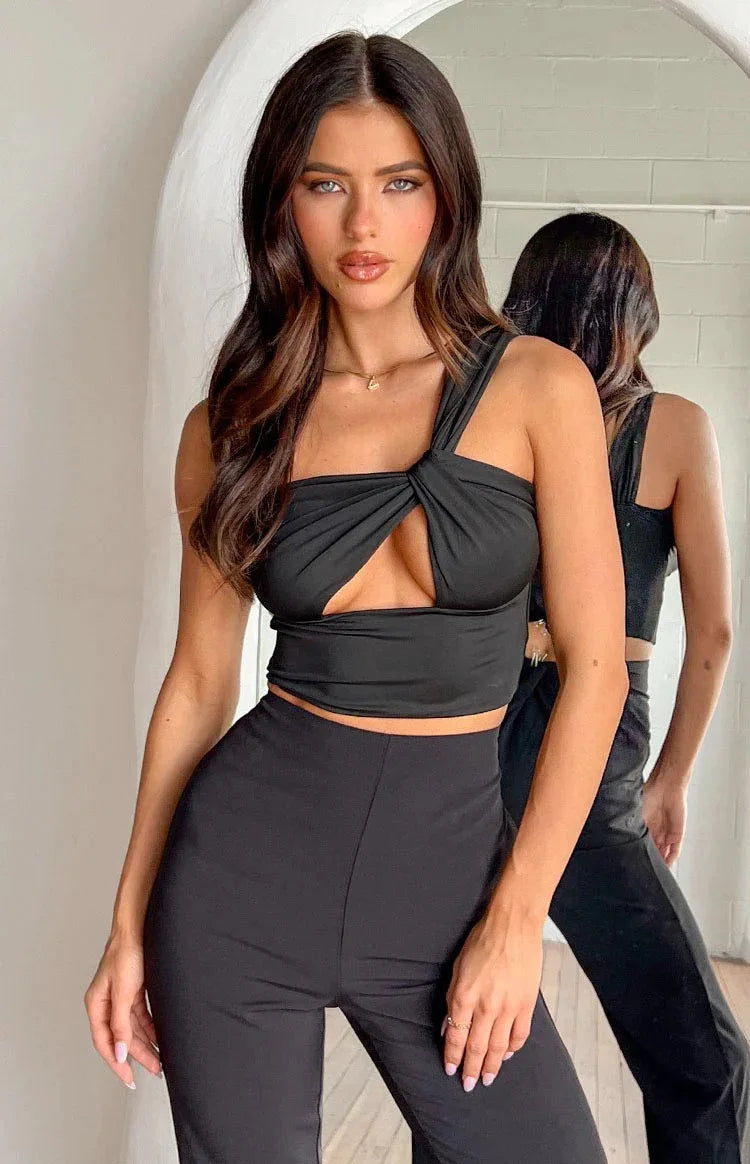 Cropped Top Casual Feminino em Bandagem com Um Ombro Só, Decote Frontal, Cruzado, Sem Mangas, Costas Descobertas para Festas