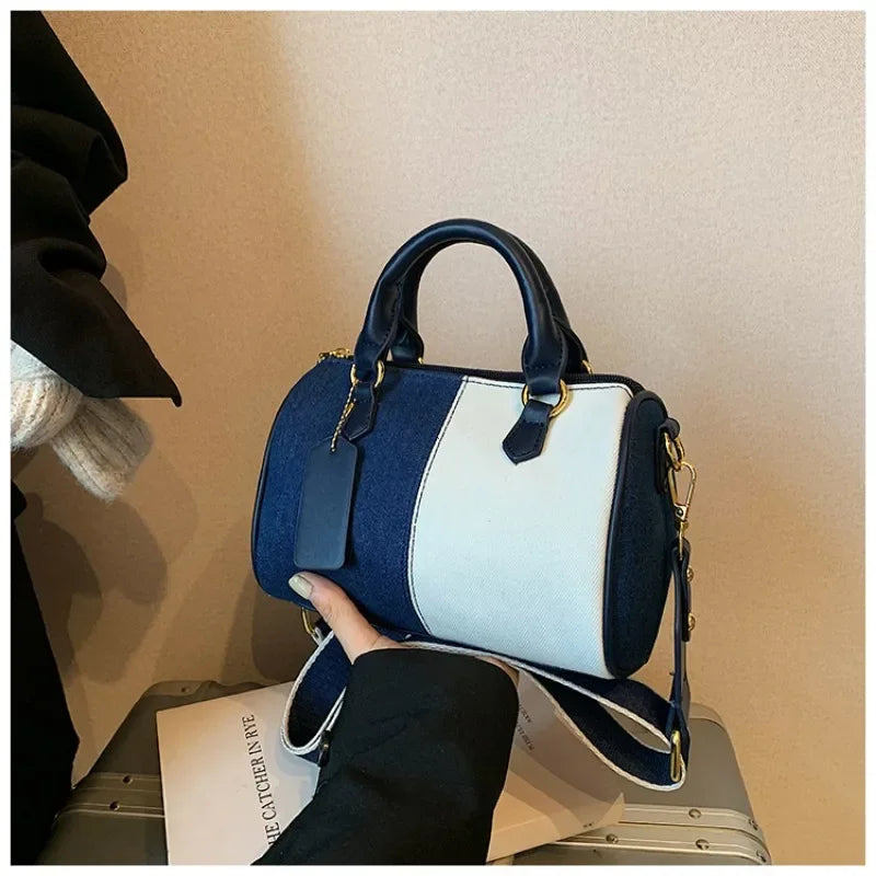 Cross Body Bags Casual Street Small Boston Bag 2025 Designer Purses Patchwork Colorblock Mini Handbags For Women Denim Shoulder
