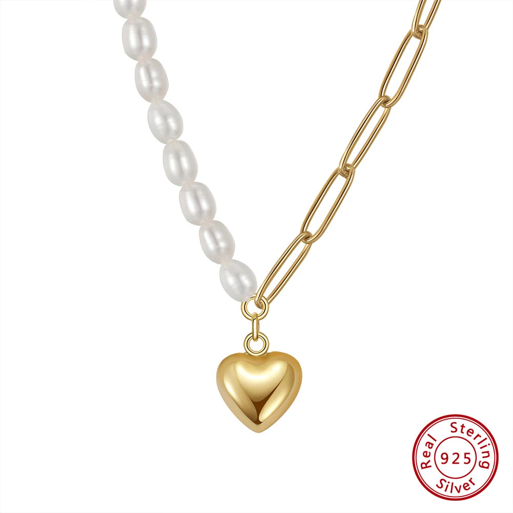 COLAR DE PEROLA NATURAL COM CORAÇÃO DE PENDENTE EM ELOS MEIA PAPERCLIP DE OURO 14K ORSA JEWELS PARA MULHERES E MENINAS GPN33