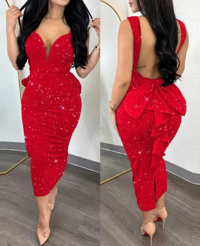 Vestidos Elegantes para Mulheres Vestido de Festa Sem Costas com Decote Sexy e Barra de Renda Moda Casual Primavera Verão Outono 2023