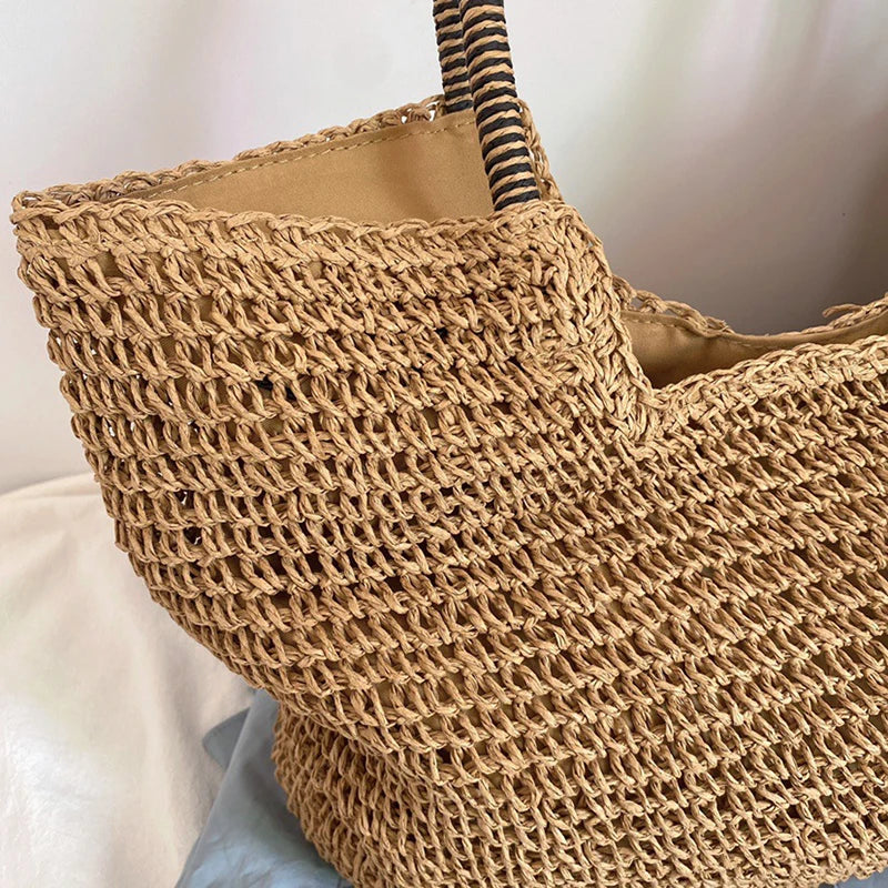 Women Beach Vintage Handmade Woven Shoulder Bag Raffia Rattan Shopping Bags Bohemian Ladies Summer Travel Vacation Casual Totes