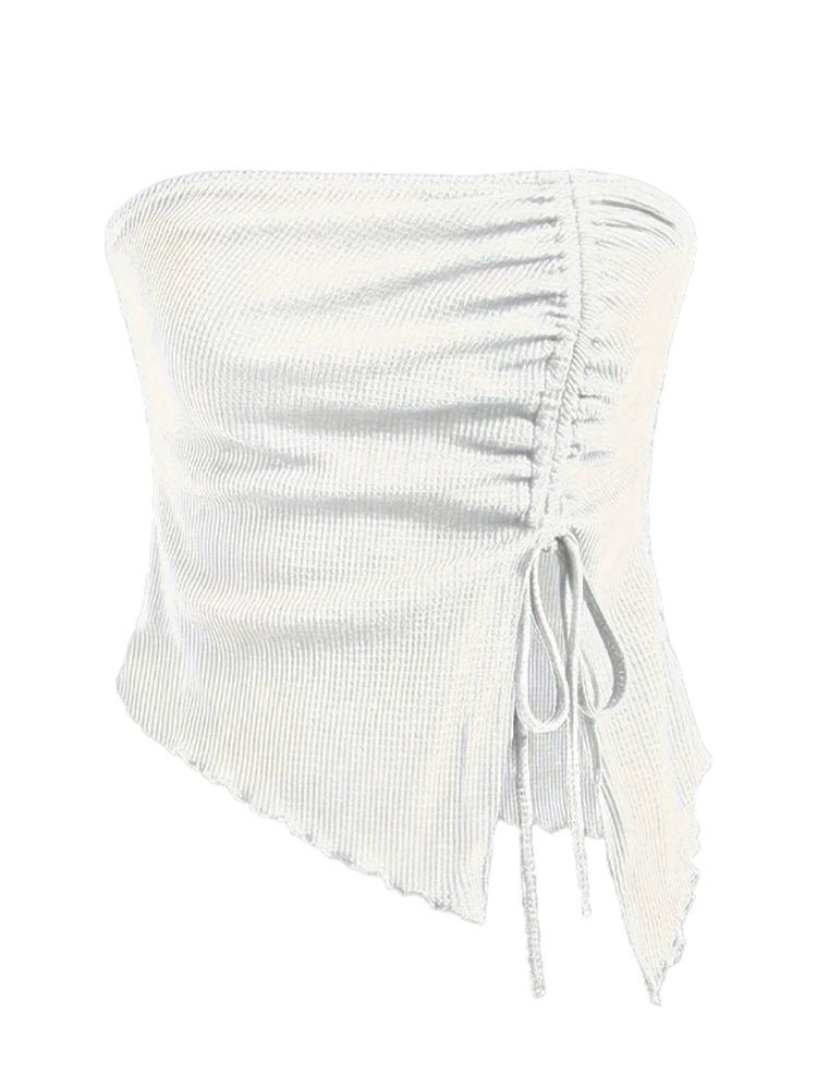 Top feminino sexy vermelho de Dia dos Namorados com decote assimétrico, manga única, fenda jovem e estilo ins, ajustável na cintura.