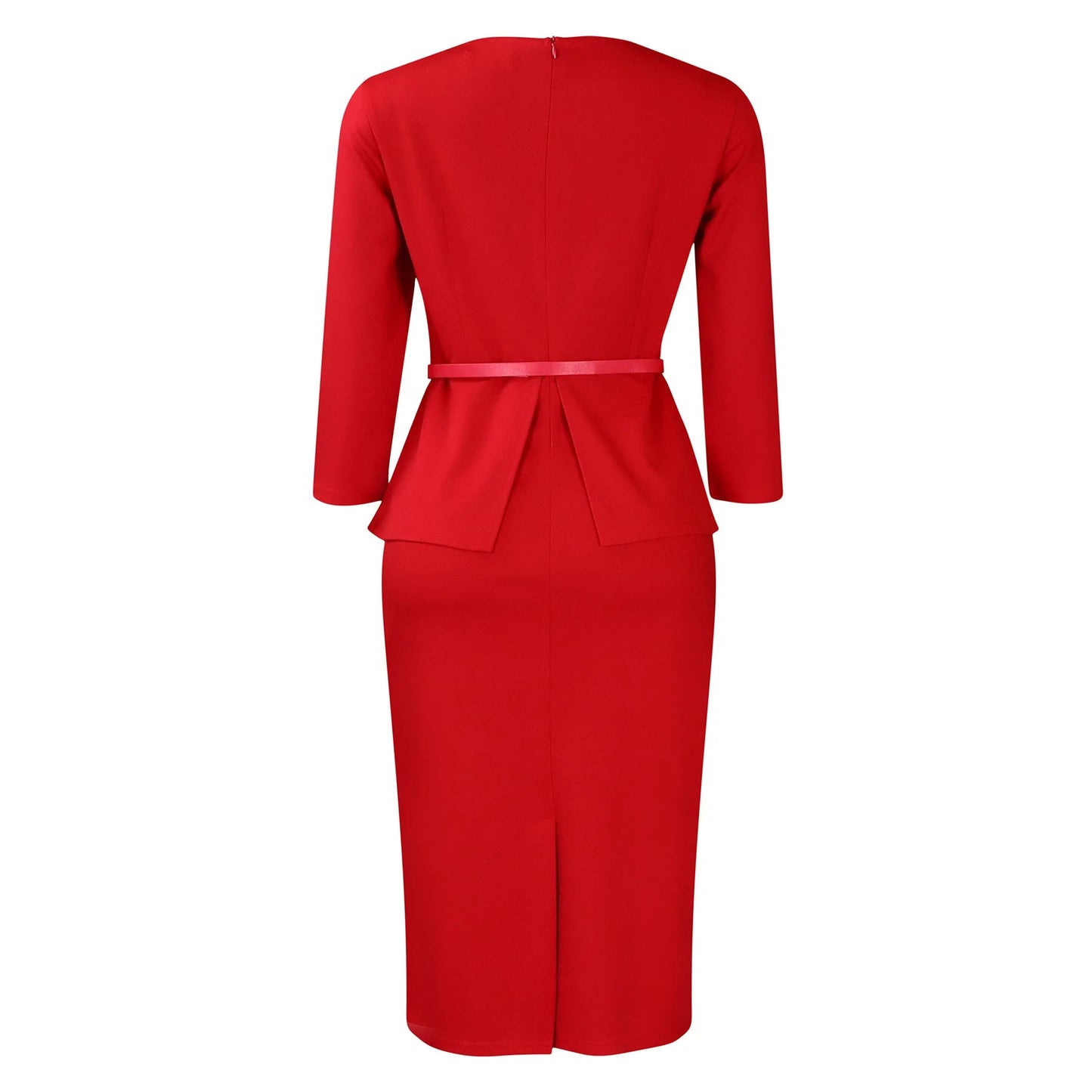 Vestido Formal para o Trabalho Feminino com Gola Assimétrica, Mangas Três Quartos, Cintura com Cinto, Silhueta Justa com Pacote de Quadris até a Panturrilha