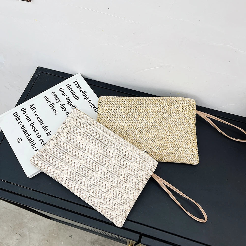 Fashion Women Bohemian Woven Clutch Wristlet Bag Summer Beach Handbags Purse Women Summer Retro Straw Knitted Handbag