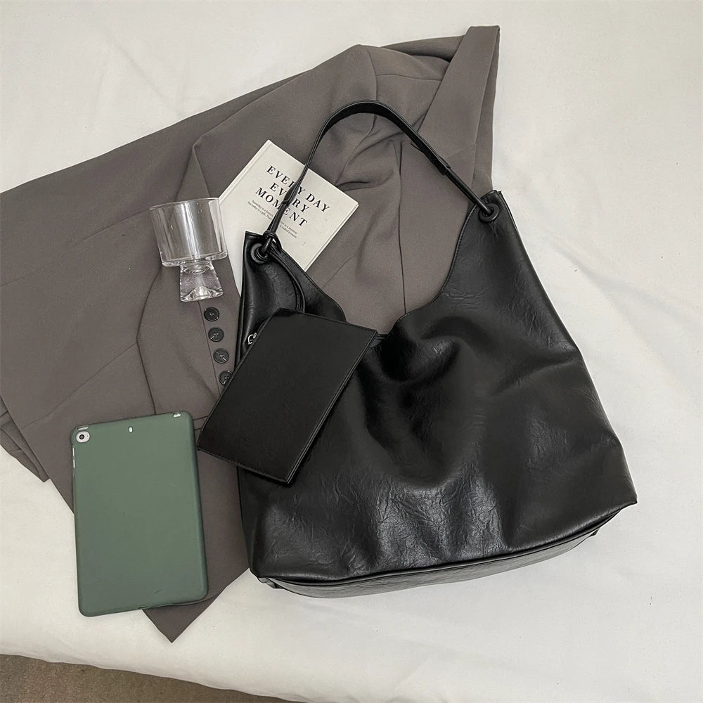 Burgundy 2-IN-1 Shoulder Tote Bags For Women Soft PU Leather Solid Color Large Capacity Shopping Hobo Bag With Coin Purse 2024