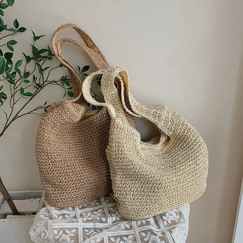 Women Beach Vintage Handmade Woven Shoulder Bag Raffia Rattan Shopping Bags Bohemian Ladies Summer Travel Vacation Casual Totes