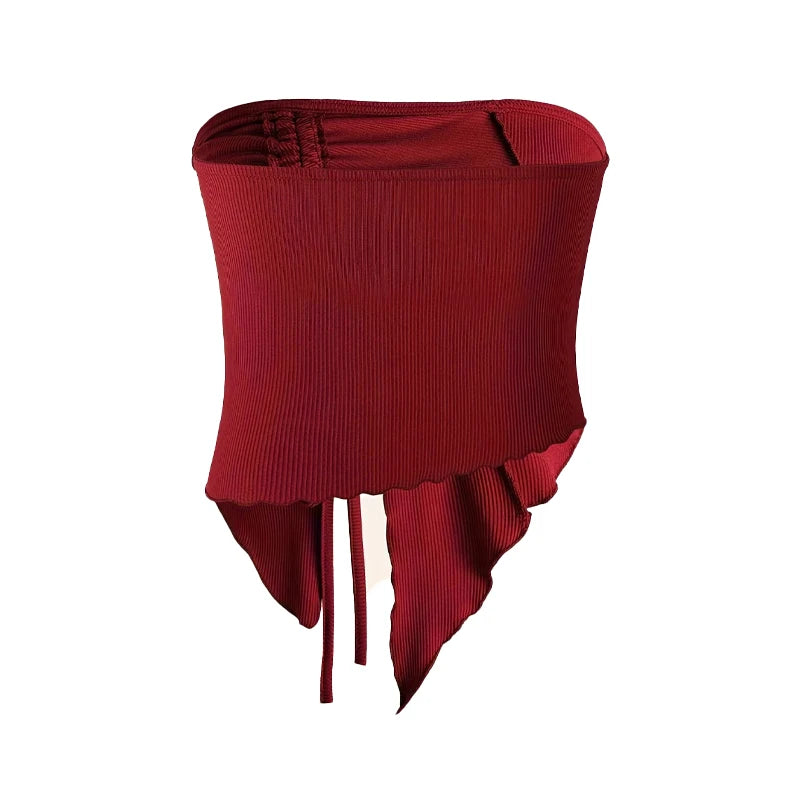 Top feminino sexy vermelho de Dia dos Namorados com decote assimétrico, manga única, fenda jovem e estilo ins, ajustável na cintura.