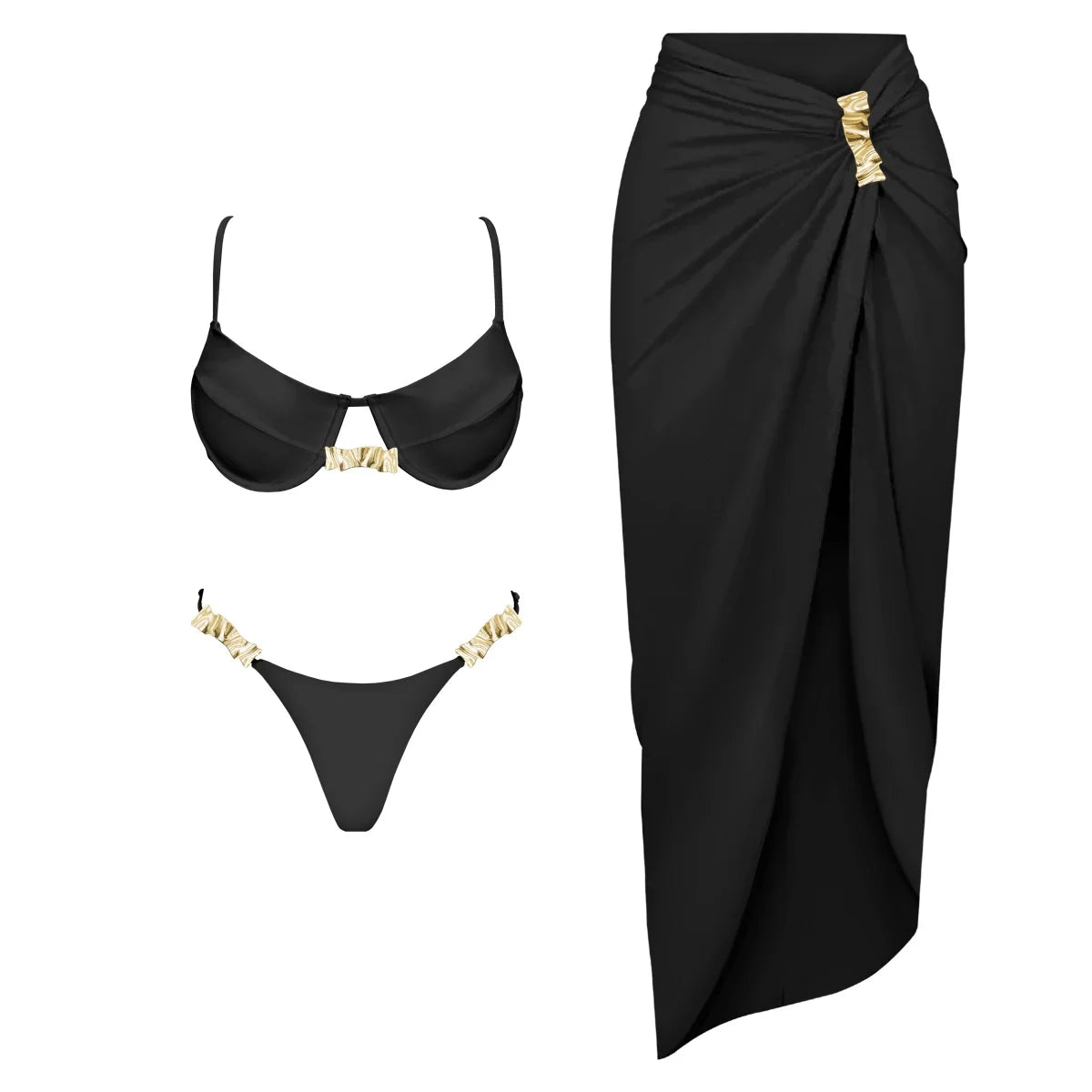 Biquíni Push Up 3 peças com Cobertura - Moda Praia Feminina, Roupa de Banho Sexy com Botão Brilhante, Maiô Biquíni