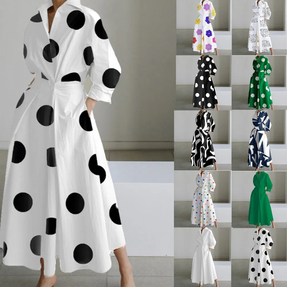 Vestidos Para Mulheres 2024 Vestido Casual Elegante de Verão para Festa, Vestido Camiseta de Bolinha com Decote em V, Estampa Solta com Botões