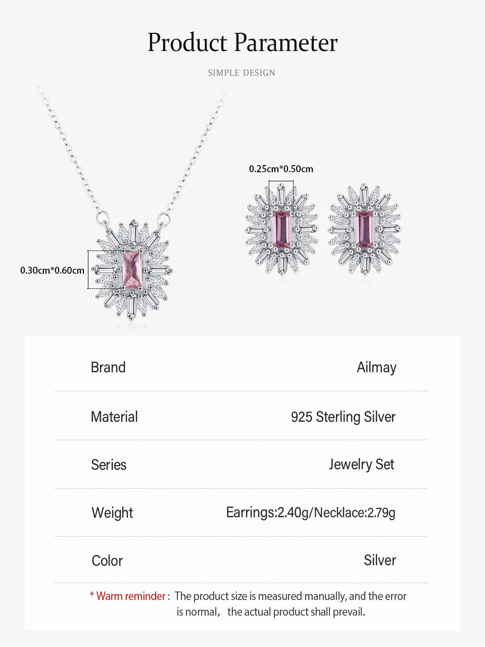 Conjunto de Jóias Românticas para Casamento Ailmay Luxuoso Colar e Brincos de Prata Esterlina 925 com Girassol Rosa Retangular para Mulheres