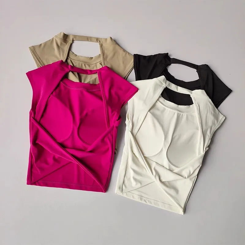 Camiseta esportiva sem costas, com almofada fixa no peito, justa, de secagem rápida, suit de yoga afinado para mulheres.