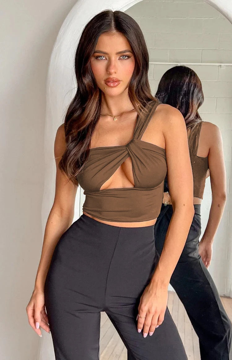 Blusa Curta da Mulher Sexy com Um Ombro Justa e Costas Abertas, Edição Nova 2024 para Balada