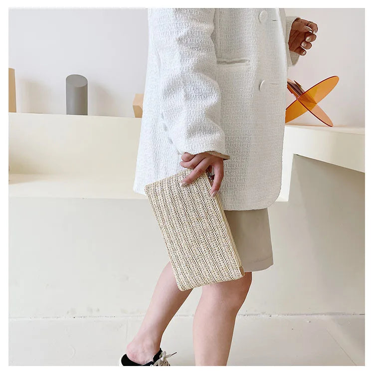 Weaving Bag Fashion Ladies Wristlet Clutch Women Daily Money Phone Clutch Solid Straw Woven Coin Purse Beach Wallet Card Holder