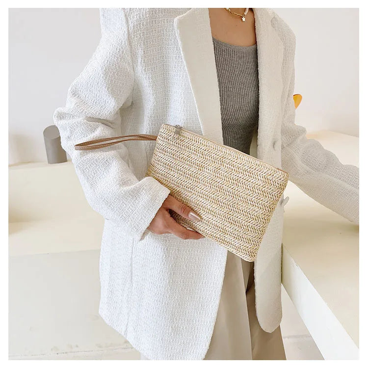 Weaving Bag Fashion Ladies Wristlet Clutch Women Daily Money Phone Clutch Solid Straw Woven Coin Purse Beach Wallet Card Holder