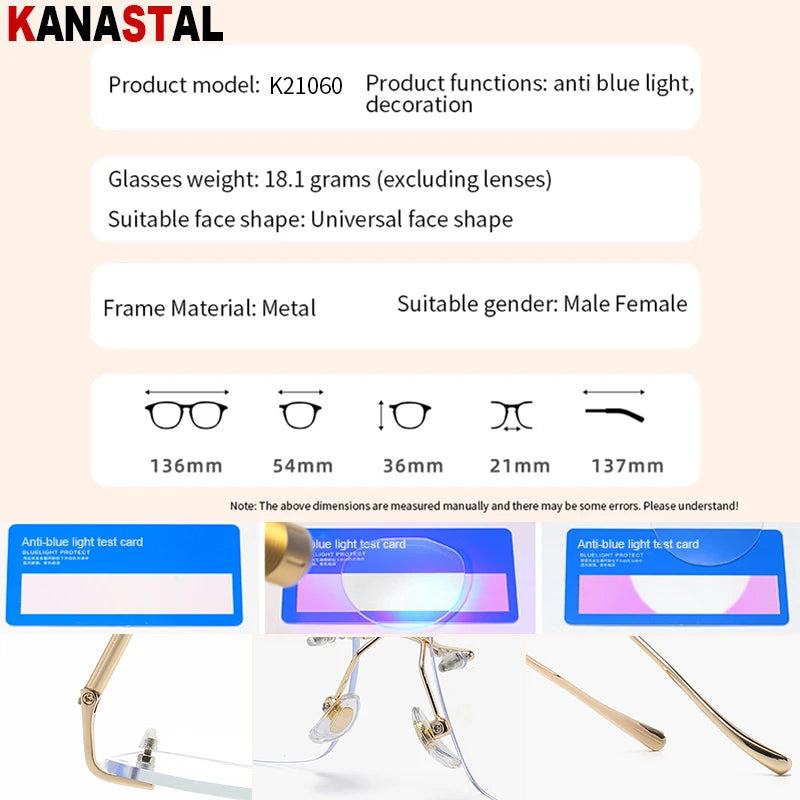 Óculos de leitura sem aro para homens, azul, com proteção contra luz azul, armação de metal, óculos de computador, lentes ópticas CR39 com receita.