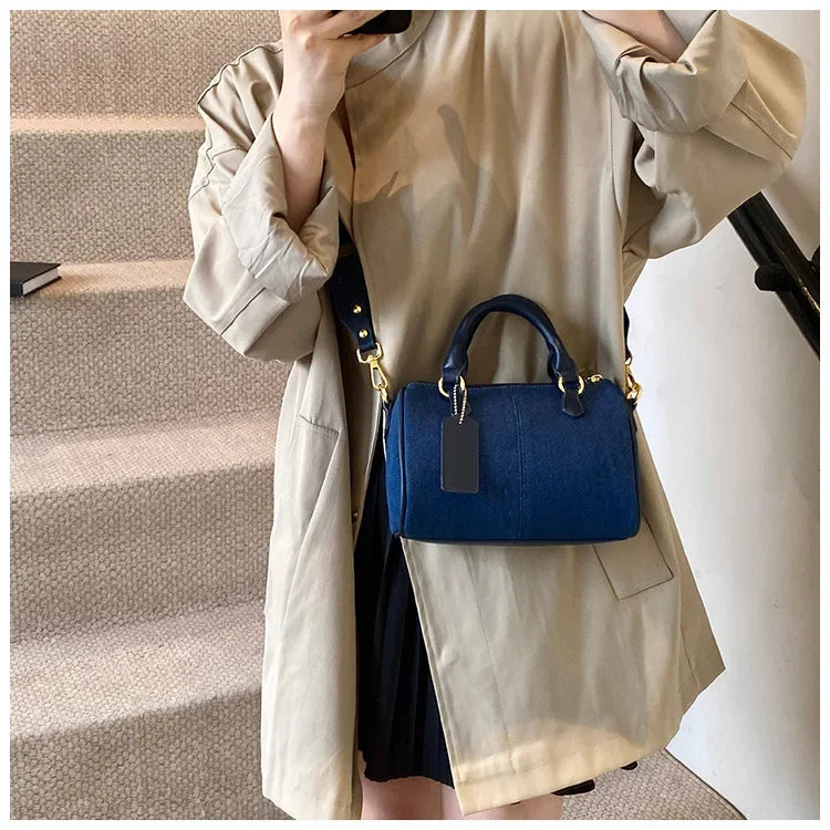 Cross Body Bags Casual Street Small Boston Bag 2025 Designer Purses Patchwork Colorblock Mini Handbags For Women Denim Shoulder