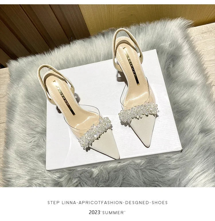 Sandálias de Verão para Mulheres Baotou 2024 Novas Sandálias de Salto Alto Fino Transparente de Bico Fino com Cristais Zapatillas Mujer