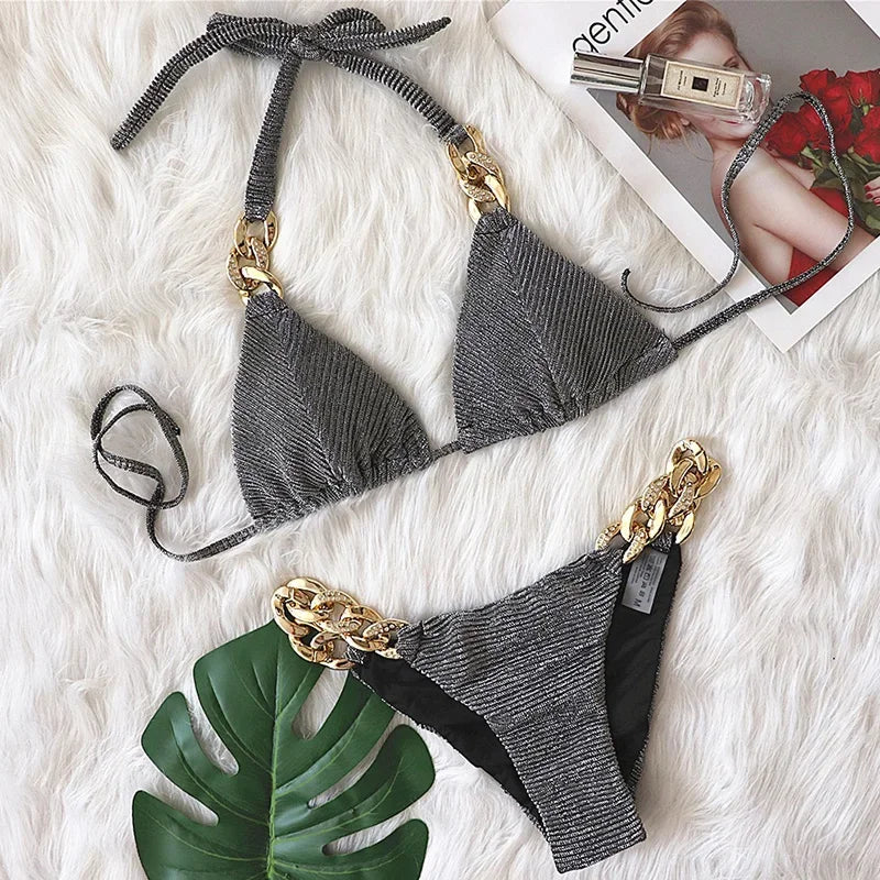 Biquíni de Cadeia de Halter com Diamante de Strass para Mulheres, Roupa de Banho Feminina, Conjunto de Biquíni com Duas Peças, Roupa de Banho Brasileira