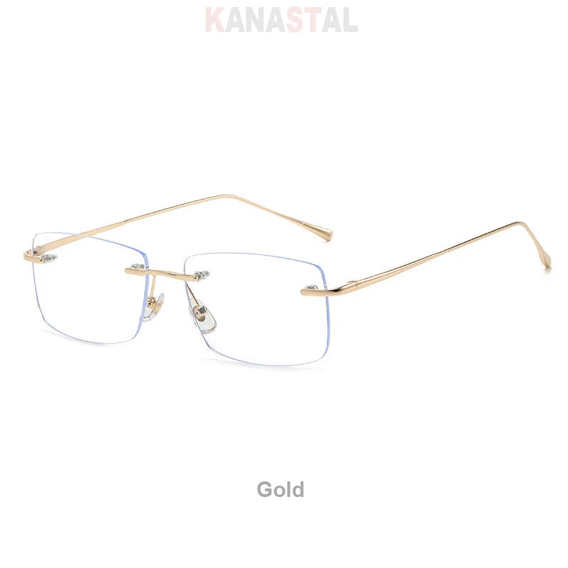 Óculos de leitura sem aro para homens, azul, com proteção contra luz azul, armação de metal, óculos de computador, lentes ópticas CR39 com receita.