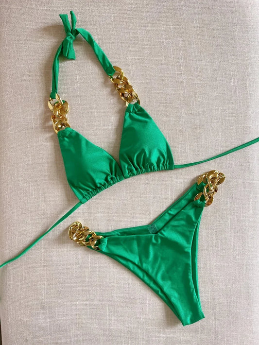 Biquíni sexy push up em 2025, micro corrente, verão, tecido macio, entrada de luxo, maiô feminino de duas peças, traje de banho para praia.