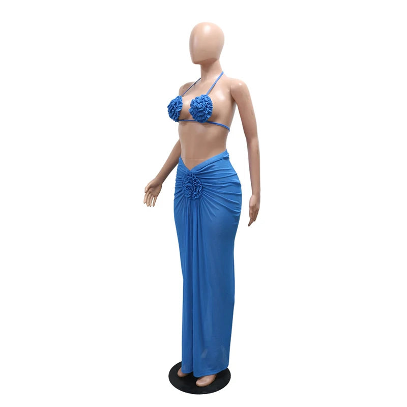 Conjunto novo de 3 peças DEAT Moda Maiô Halter Costas Descobertas Para Mulheres Praia Férias Bikini com Laço Flor 3D Feminino 33A4132