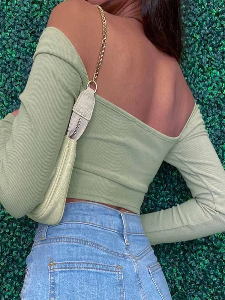 Blusa Cropped de Manga Longa com Decote em V Oco para Primavera e Outono - Moda Casual Feminina, Blusa Slim de Colarinho Quadrado em Malha Canellada, Camiseta Costas Nuas