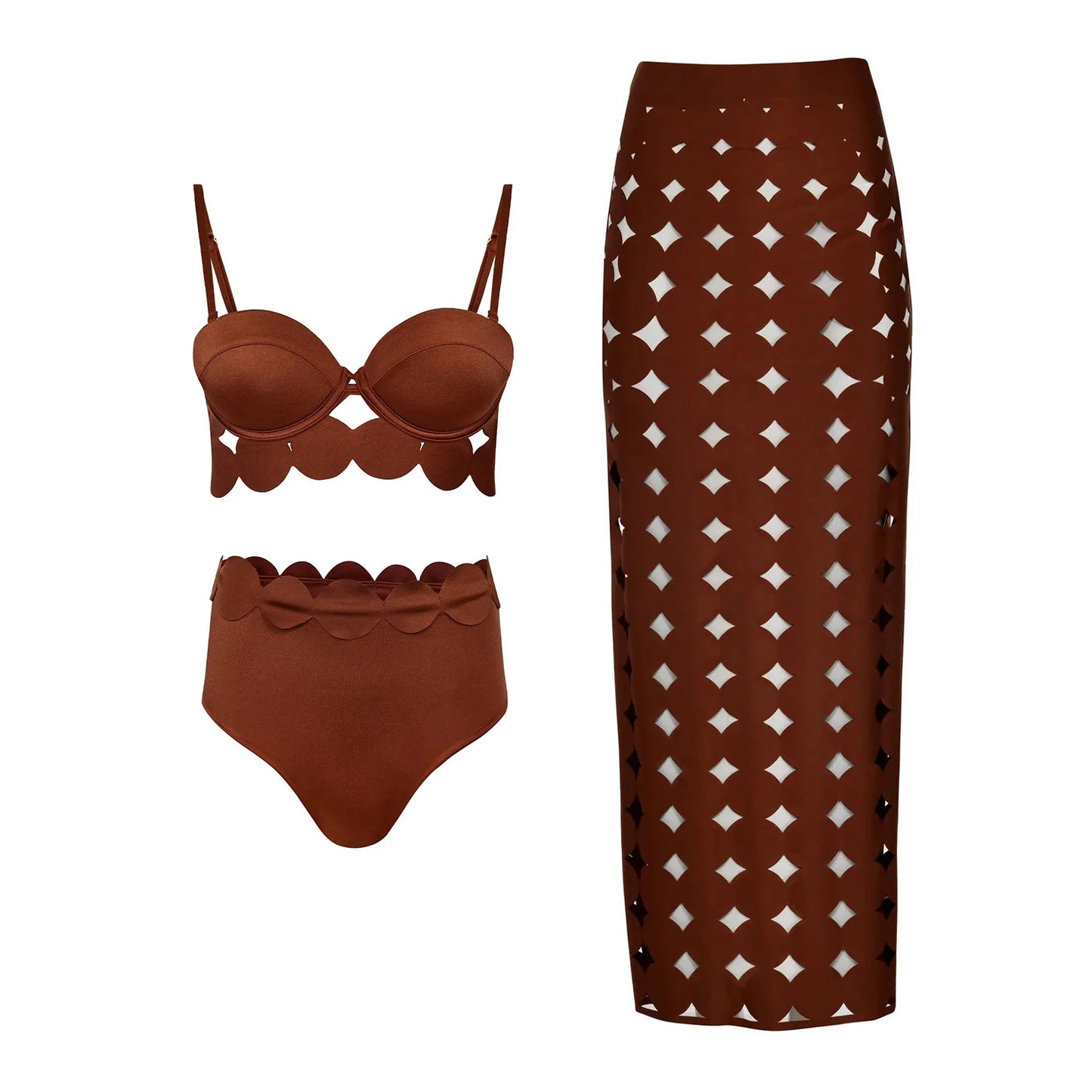 Conjunto de 3 peças de maiô laser cut para mulheres, biquíni sexy com push-up, moda de bainha alta, biquíni feminino com recortes, roupa de banho tipo bodysuit para praia.