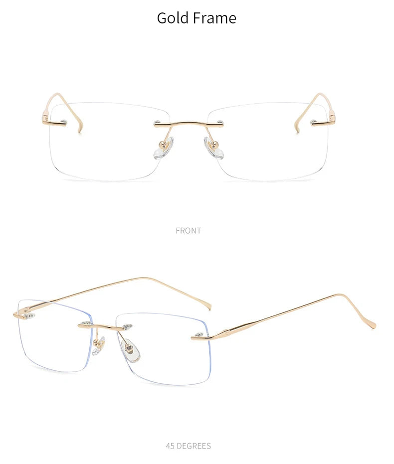 Óculos de leitura sem aro para homens, azul, com proteção contra luz azul, armação de metal, óculos de computador, lentes ópticas CR39 com receita.