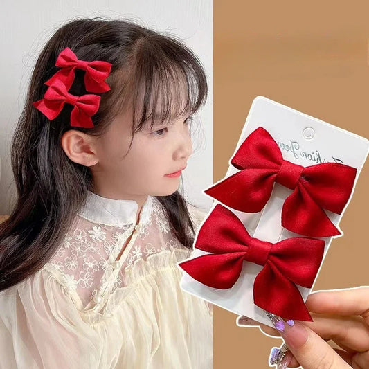 Conjunto com 2 peças de presilhas de cabelo com laços vermelhos para meninas, laços de fita feitos à mão, grampos de cabelo, acessórios de cabelo para o Ano Novo e Natal.