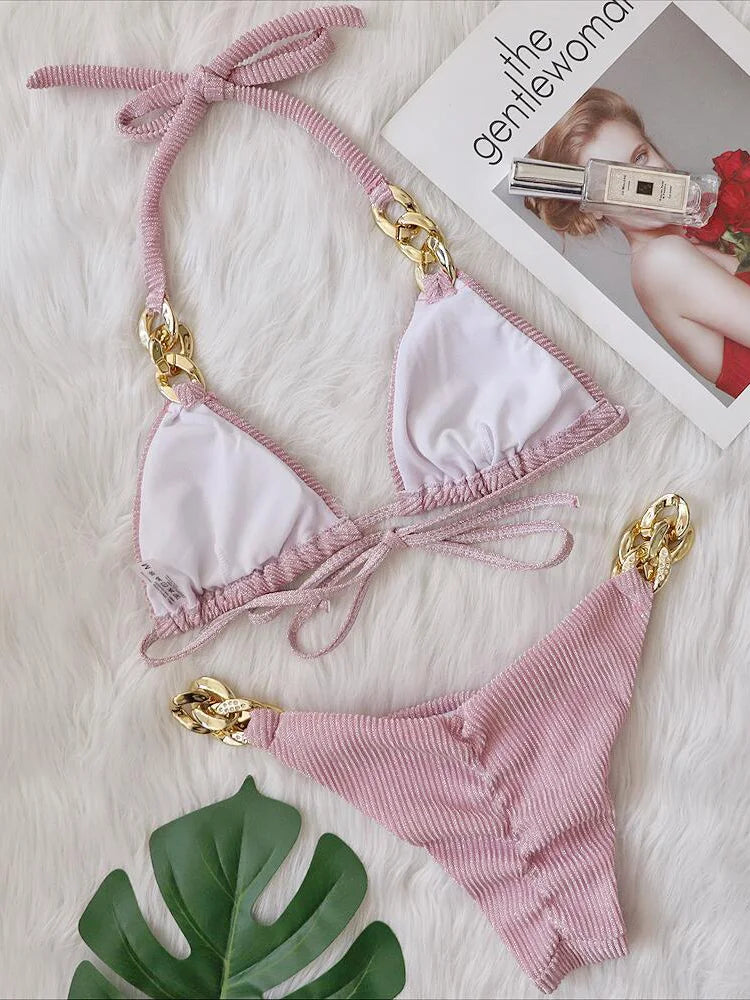 Biquíni de Cadeia de Halter com Diamante de Strass para Mulheres, Roupa de Banho Feminina, Conjunto de Biquíni com Duas Peças, Roupa de Banho Brasileira