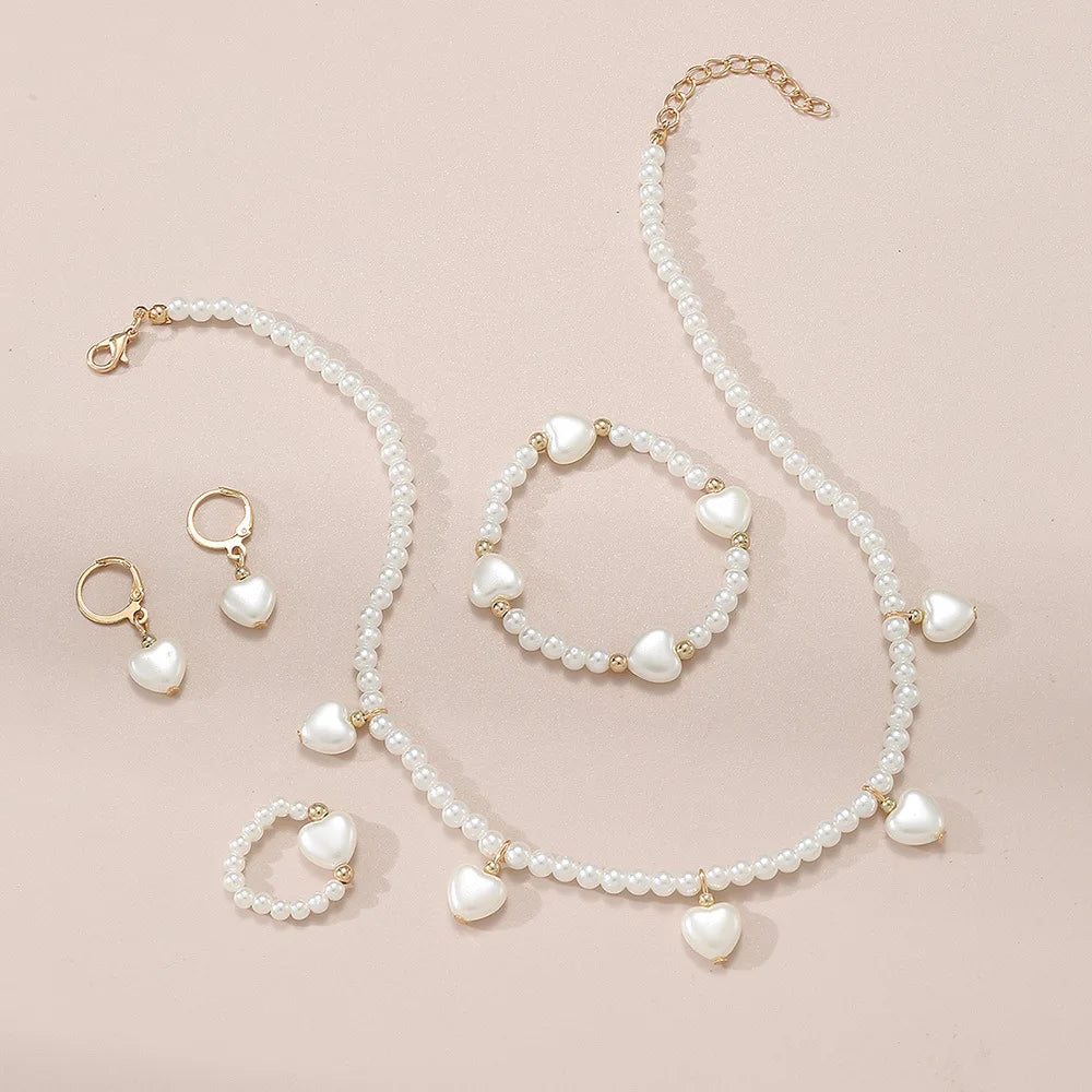 Joias de Pérolas Altas Francesas para Crianças - Conjunto Luxuoso Leve com Design de Nicho: Colar, Pulseira, Anel e Brincos