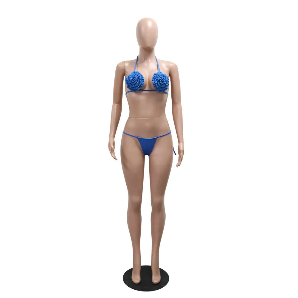 Conjunto novo de 3 peças DEAT Moda Maiô Halter Costas Descobertas Para Mulheres Praia Férias Bikini com Laço Flor 3D Feminino 33A4132