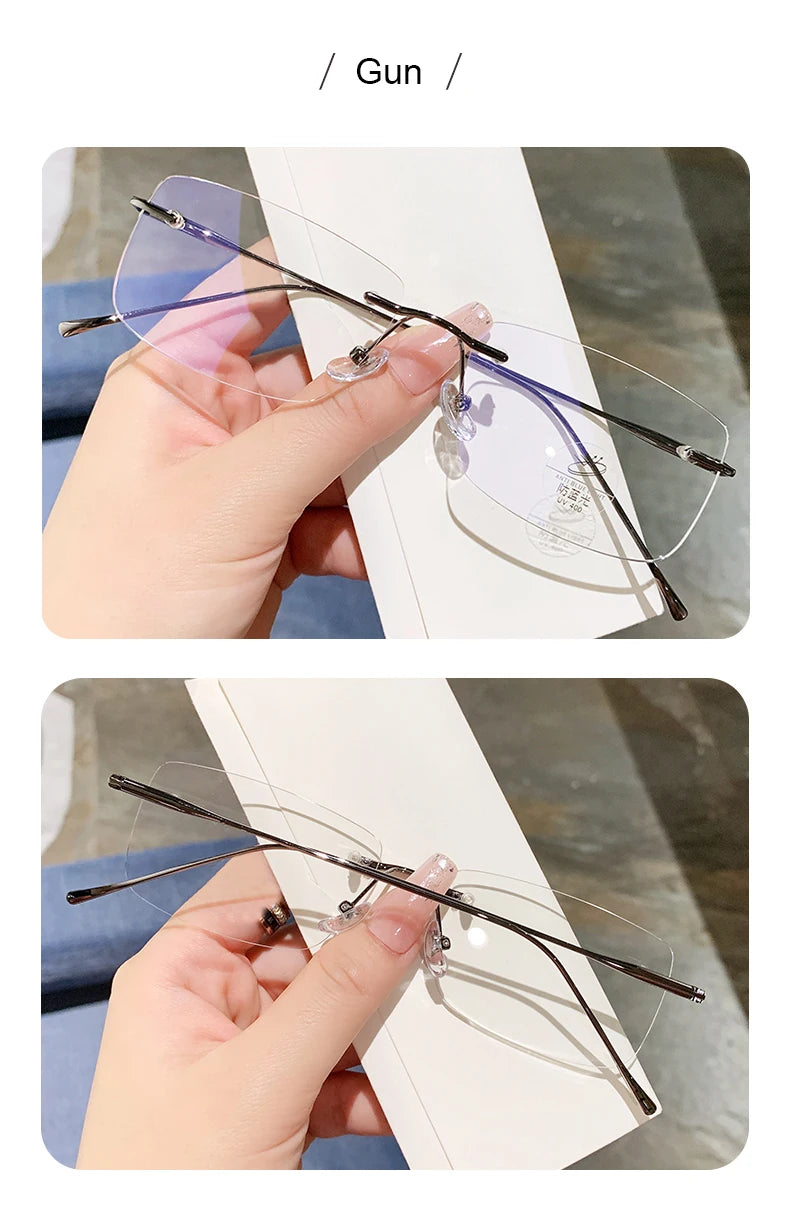 Óculos de leitura sem aro para homens, azul, com proteção contra luz azul, armação de metal, óculos de computador, lentes ópticas CR39 com receita.