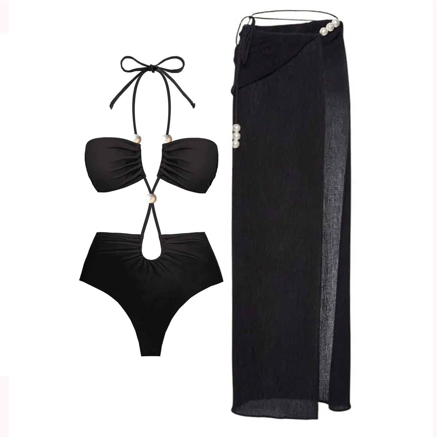Conjunto de Biquíni Sexy com 3 Peças e Capa, Biquíni Branco com Pérolas, Maiô Feminino Halter, Roupa de Banho com Ombros Descidos, Biquíni para Praia