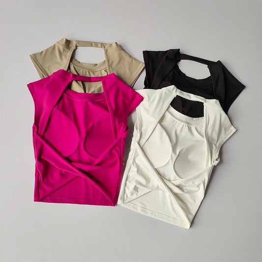 Camiseta esportiva sem costas, com almofada fixa no peito, justa, de secagem rápida, suit de yoga afinado para mulheres.