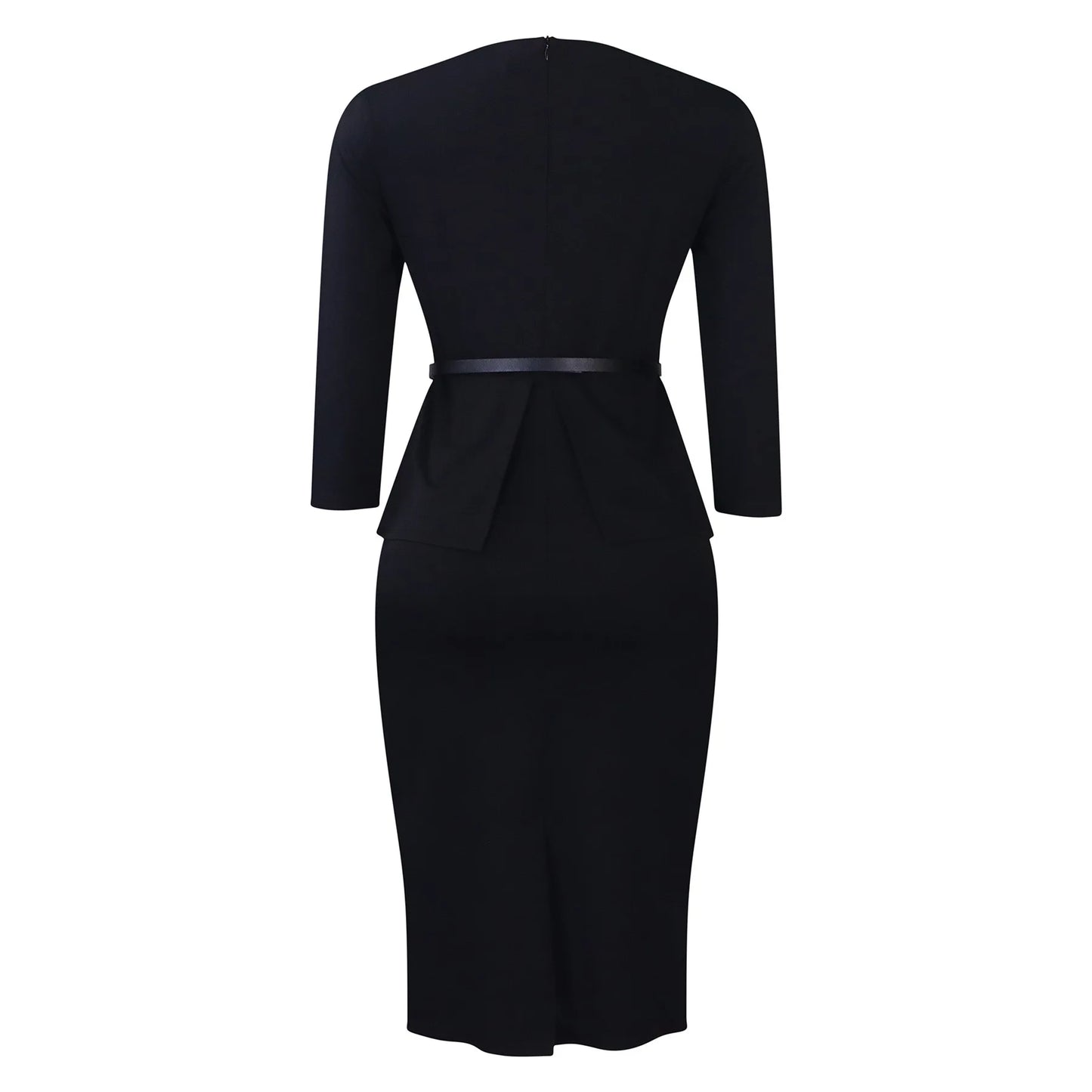 Vestido Formal para o Trabalho Feminino com Gola Assimétrica, Mangas Três Quartos, Cintura com Cinto, Silhueta Justa com Pacote de Quadris até a Panturrilha
