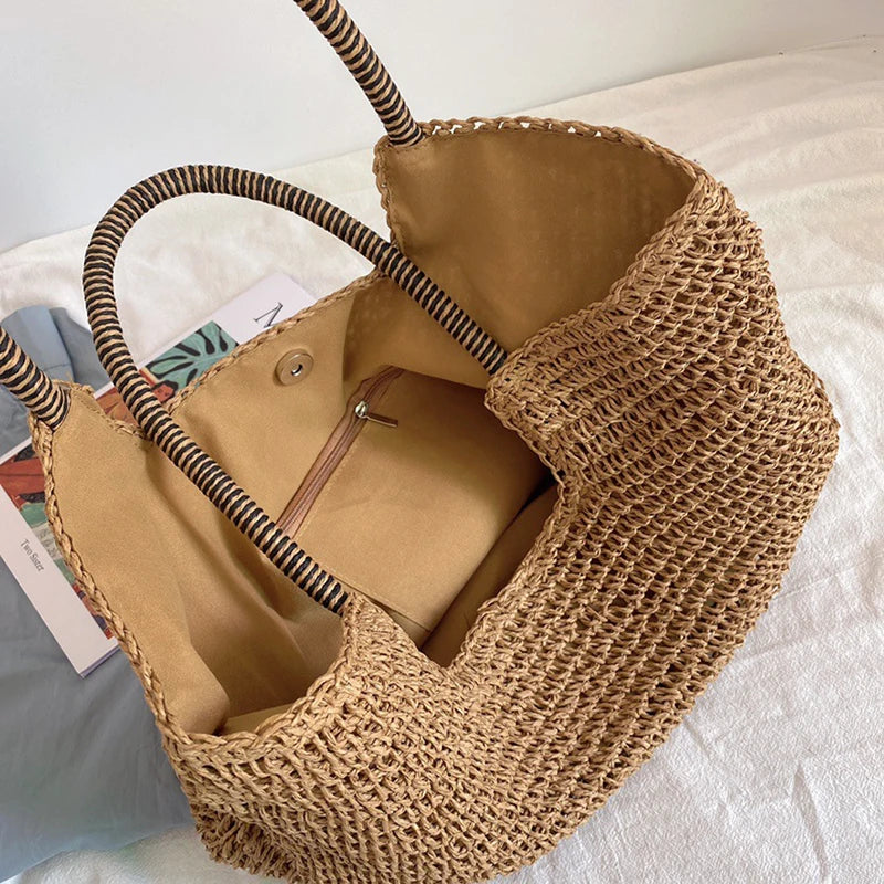 Women Beach Vintage Handmade Woven Shoulder Bag Raffia Rattan Shopping Bags Bohemian Ladies Summer Travel Vacation Casual Totes