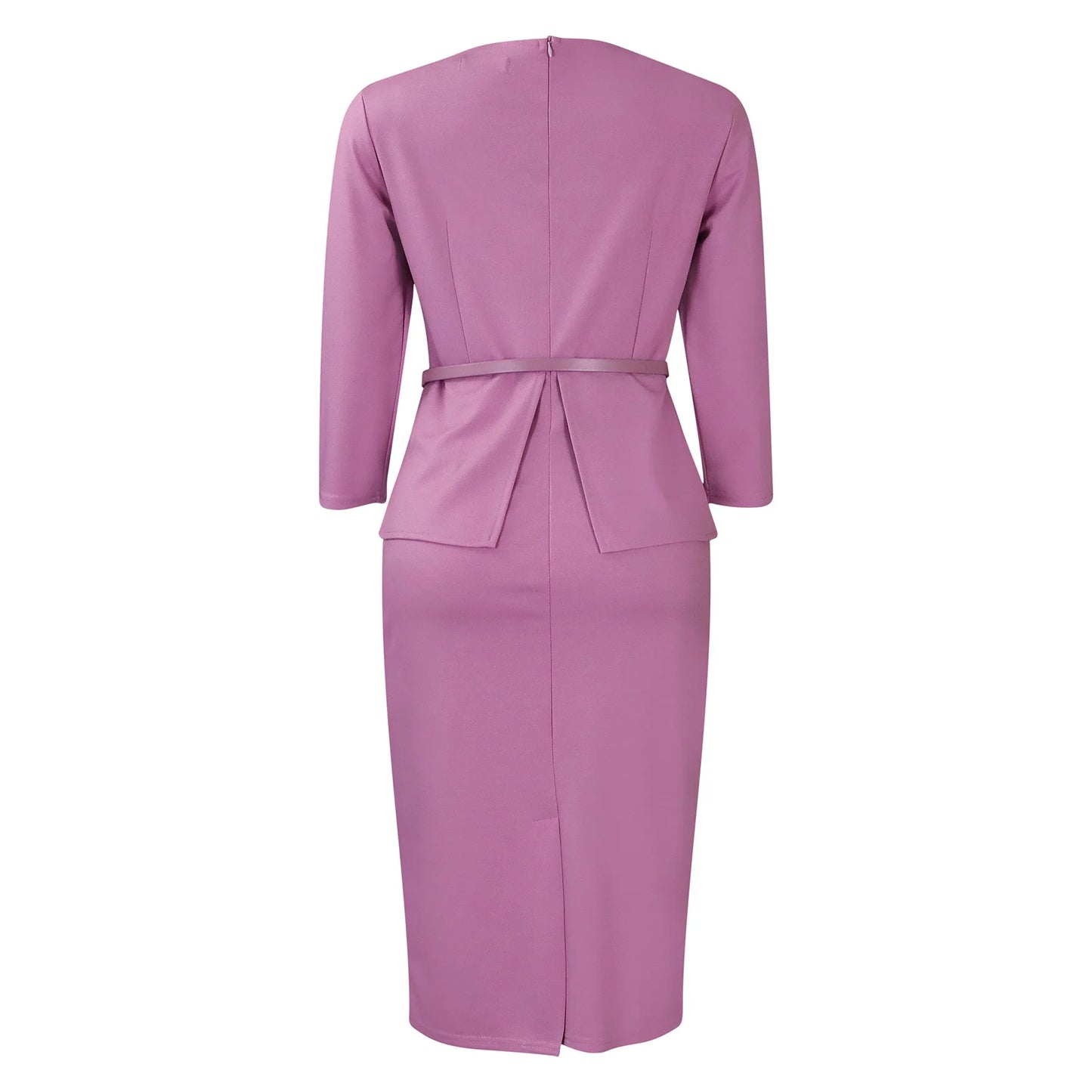 Vestido Formal para o Trabalho Feminino com Gola Assimétrica, Mangas Três Quartos, Cintura com Cinto, Silhueta Justa com Pacote de Quadris até a Panturrilha