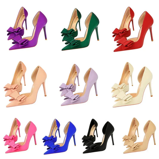 Saltos Altos Femininos de 10,5 cm 2024, Bombas Laterais Vazadas Doces Coreanas, Salto Kawaii com Laço em Verde e Roxo, Sapatos de Seda Satin para Festa e Formatura