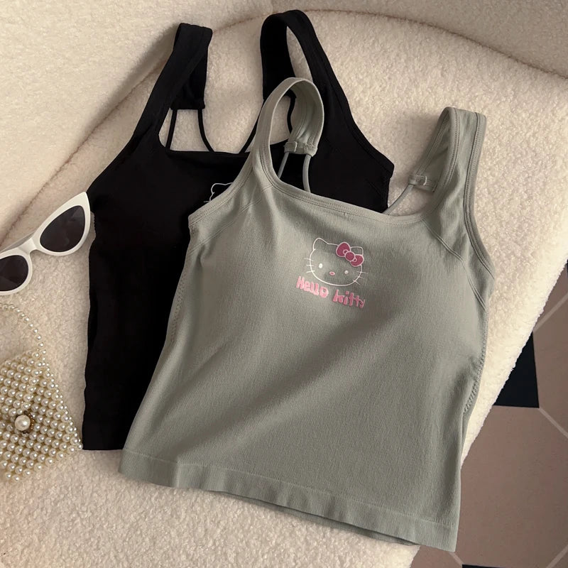 Sanrio HelloKitty Roupas de Moda Y2K Top com Almofada de Seio Top Bonito Para Meninas Verão Top Cropped Branco Sexy Suspensório Presente Para Menina
